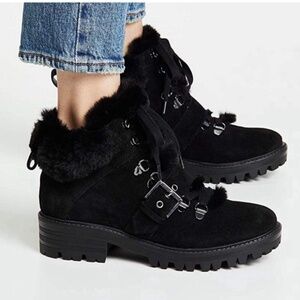 Kendall & Kylie Edison Black Faux Fur Lace Up Lug Sole Booties Size 8